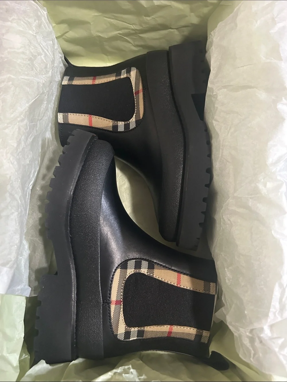 Burberry Black Chelsea Booties with Iconic Beige Check Trim